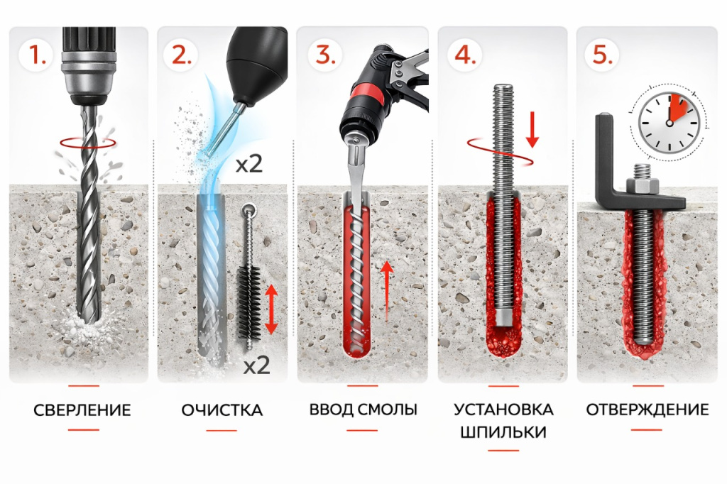 Пошаговая инструкция установки химического анкера на заданную глубину по техдокументации